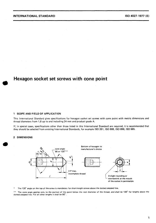 ISO 4027:1977 - Hexagon socket set screws with cone point