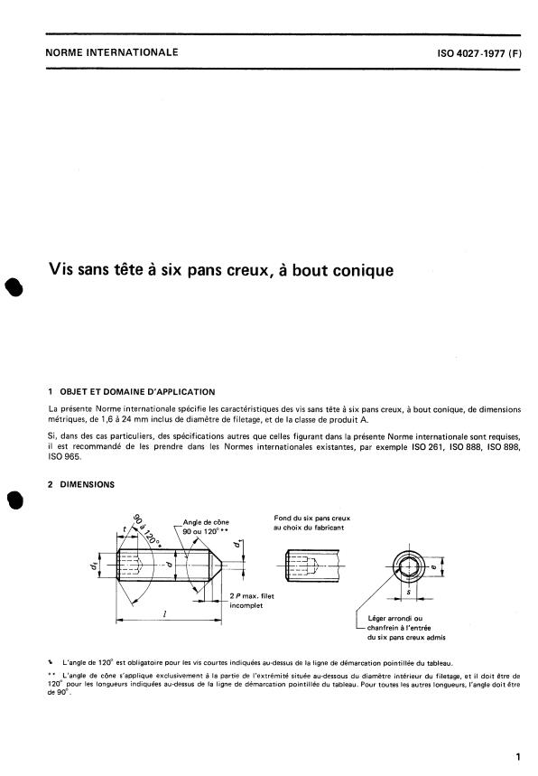 ISO 4027:1977 - Vis sans tete a six pans creux, a bout conique