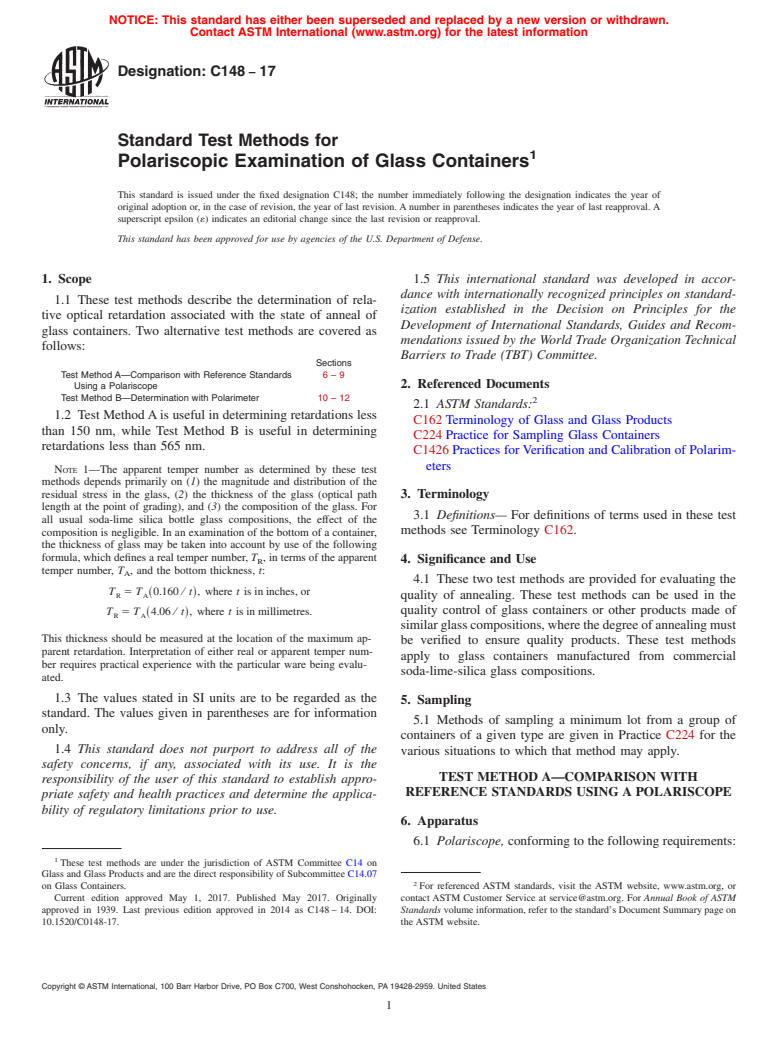 ASTM C148-17 - Standard Test Methods for  Polariscopic Examination of Glass Containers