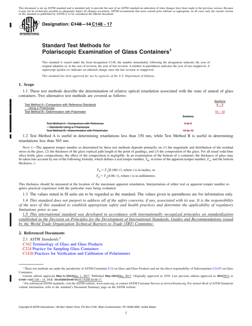 REDLINE ASTM C148-17 - Standard Test Methods for  Polariscopic Examination of Glass Containers