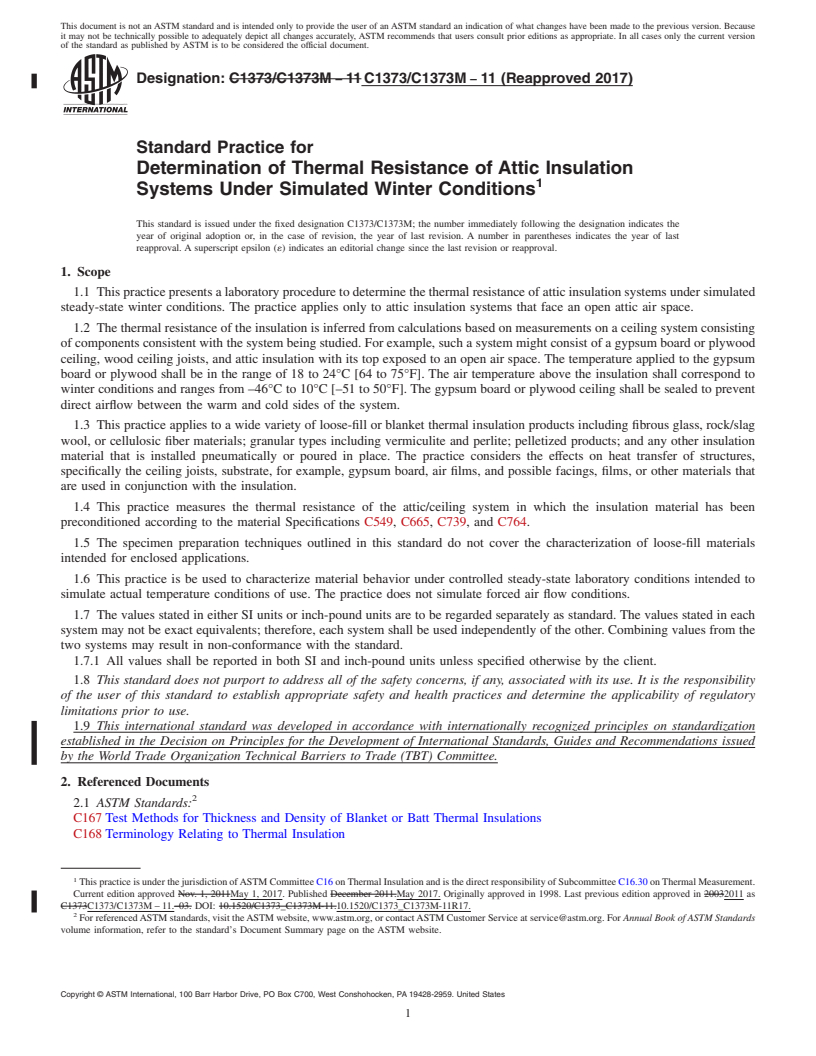 REDLINE ASTM C1373/C1373M-11(2017) - Standard Practice for  Determination of Thermal Resistance of Attic Insulation Systems  Under Simulated Winter Conditions