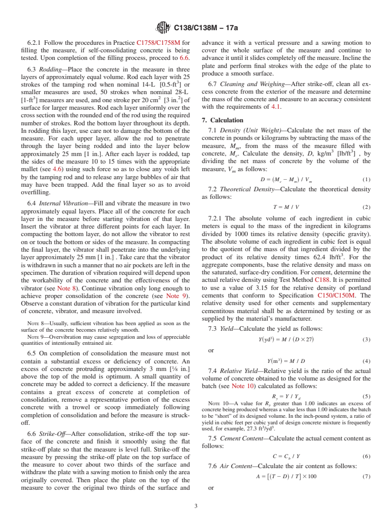 ASTM C138/C138M-17a - Standard Test Method for  Density (Unit Weight), Yield, and Air Content (Gravimetric)  of Concrete