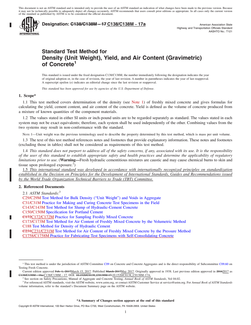 REDLINE ASTM C138/C138M-17a - Standard Test Method for  Density (Unit Weight), Yield, and Air Content (Gravimetric)  of Concrete