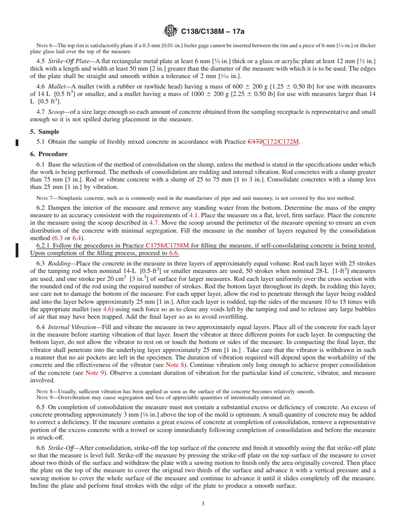 REDLINE ASTM C138/C138M-17a - Standard Test Method for  Density (Unit Weight), Yield, and Air Content (Gravimetric)  of Concrete