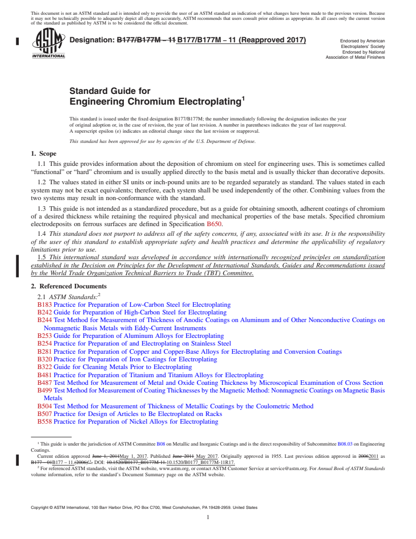 REDLINE ASTM B177/B177M-11(2017) - Standard Guide for  Engineering Chromium Electroplating