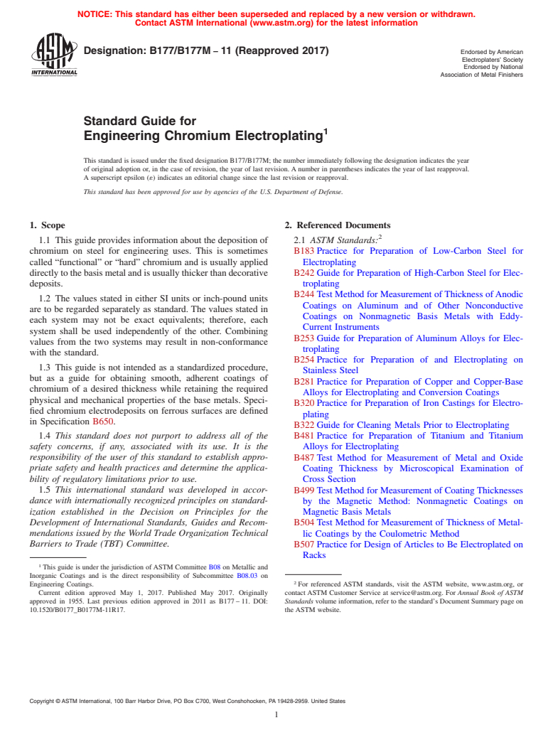 ASTM B177/B177M-11(2017) - Standard Guide for  Engineering Chromium Electroplating