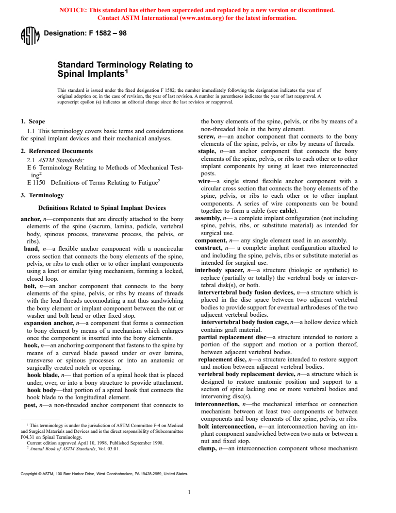 ASTM F1582-98 - Standard Terminology Relating to Spinal Implants