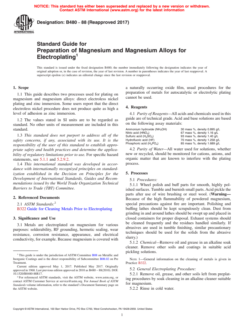 ASTM B480-88(2017) - Standard Guide for  Preparation of Magnesium and Magnesium Alloys for Electroplating