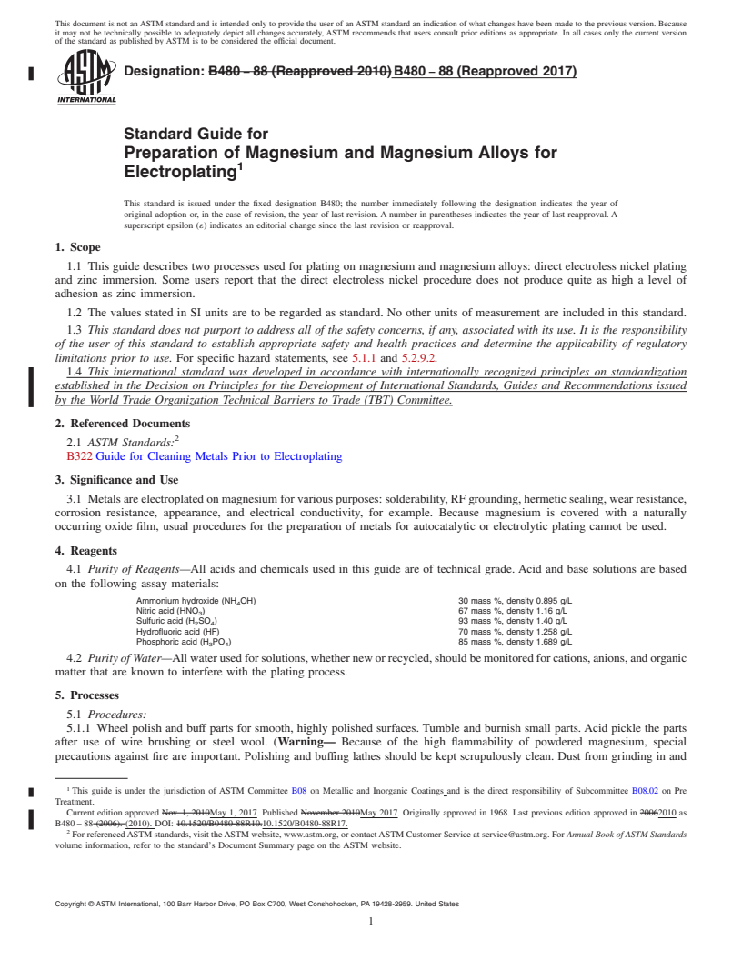 REDLINE ASTM B480-88(2017) - Standard Guide for  Preparation of Magnesium and Magnesium Alloys for Electroplating