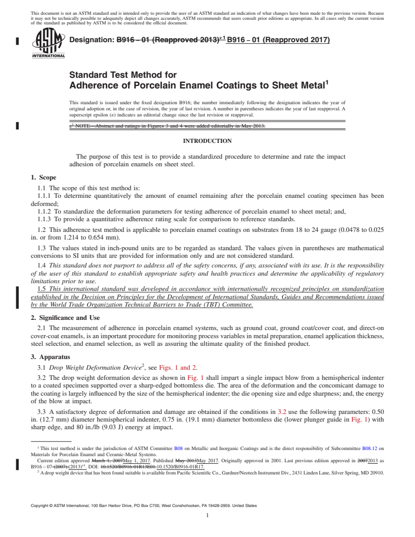 REDLINE ASTM B916-01(2017) - Standard Test Method for Adherence of Porcelain Enamel Coatings to Sheet Metal