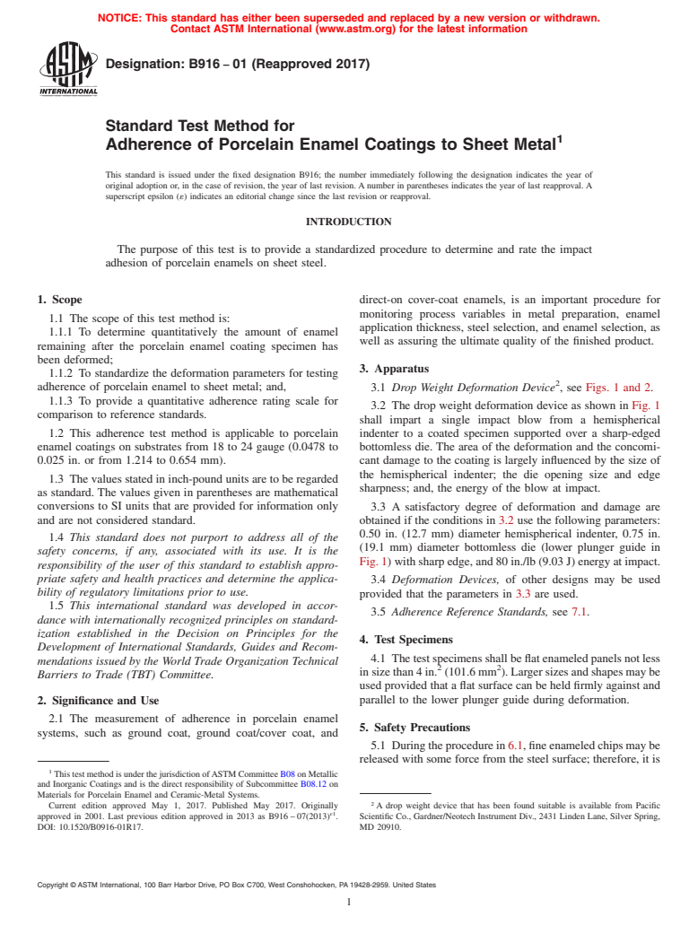 ASTM B916-01(2017) - Standard Test Method for Adherence of Porcelain Enamel Coatings to Sheet Metal