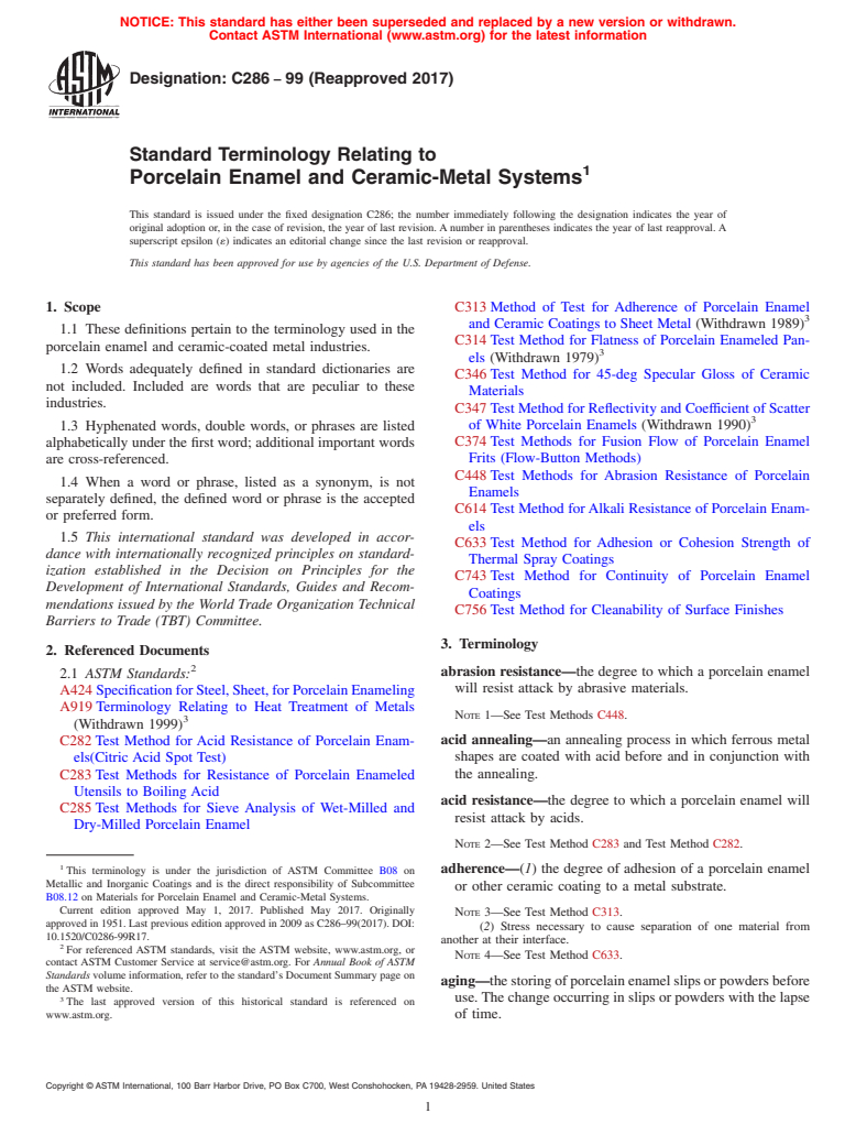 ASTM C286-99(2017) - Standard Terminology Relating to  Porcelain Enamel and Ceramic-Metal Systems