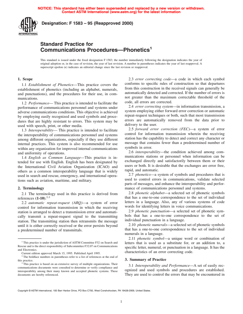 ASTM F1583-95(2000) - Standard Practice for Communications Procedures-Phonetics