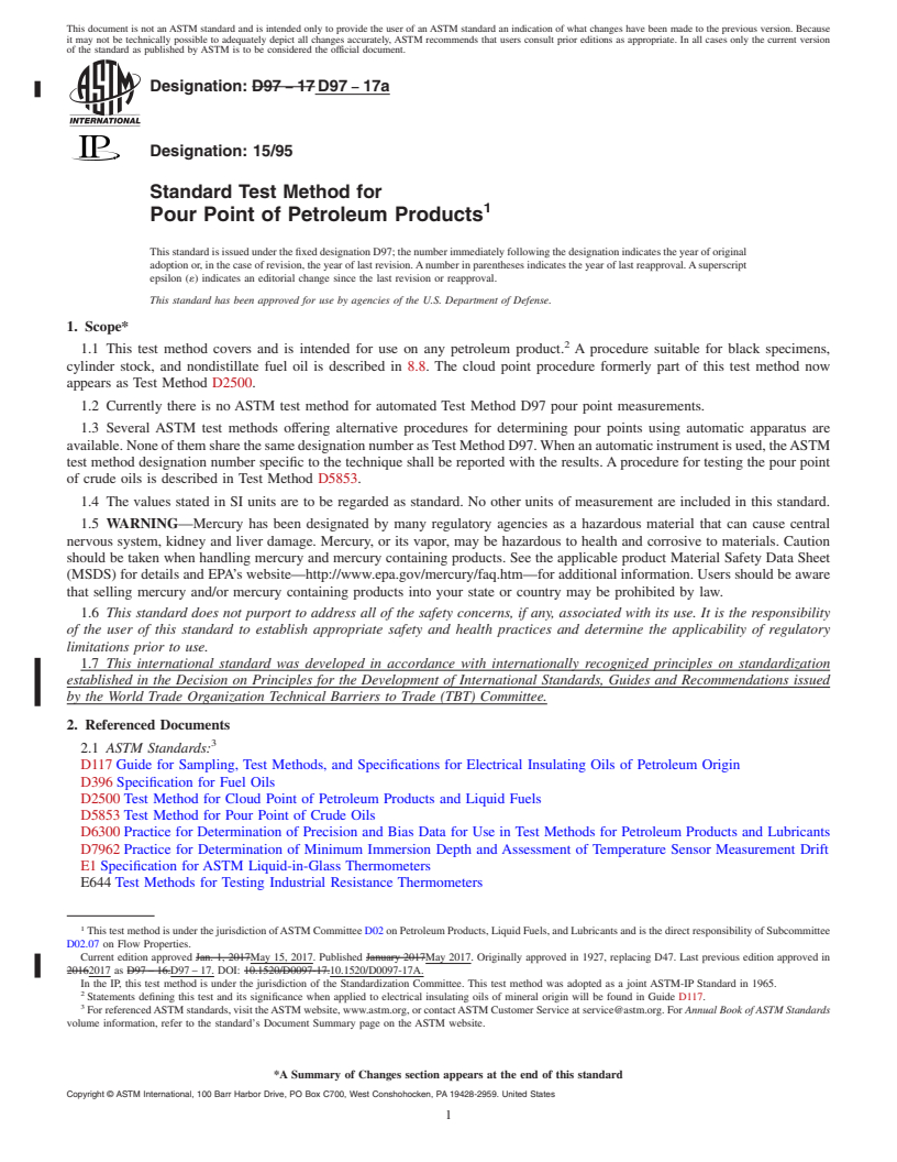 REDLINE ASTM D97-17a - Standard Test Method for Pour Point of Petroleum Products