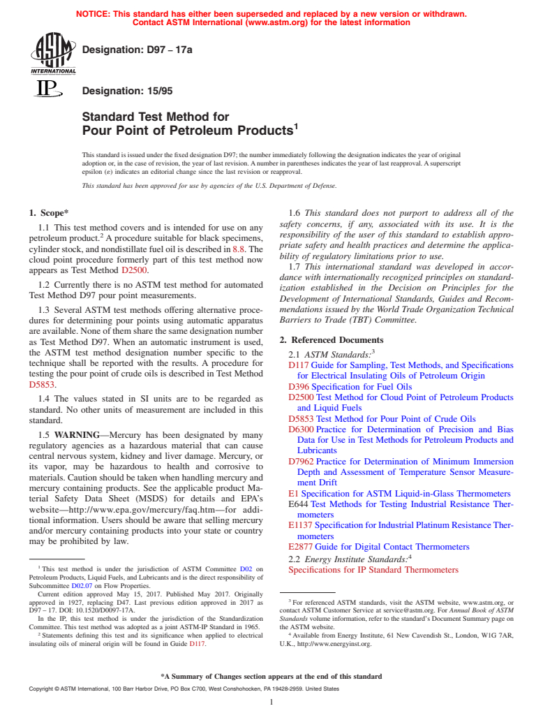 ASTM D97-17a - Standard Test Method for Pour Point of Petroleum Products