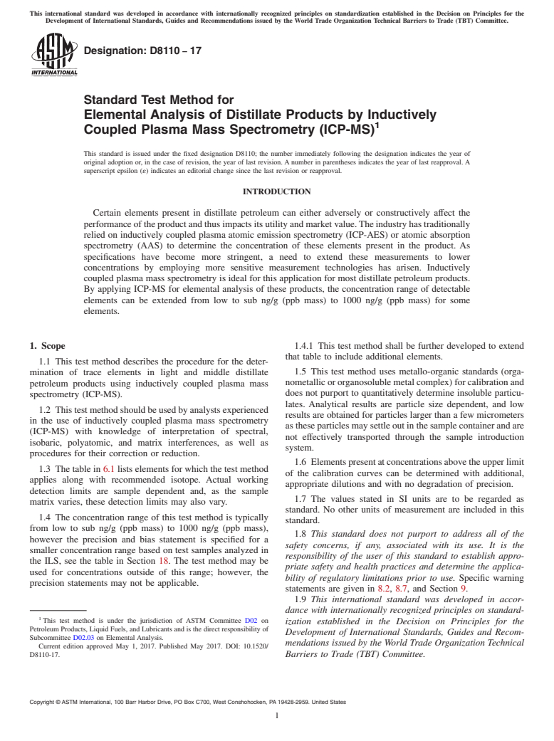 ASTM D8110-17 - Standard Test Method for Elemental Analysis of Distillate Products by Inductively Coupled  Plasma Mass Spectrometry (ICP-MS)