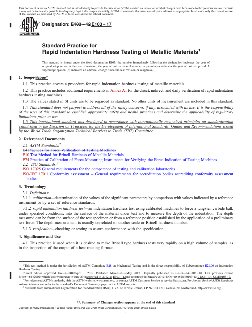 REDLINE ASTM E103-17 - Standard Practice for  Rapid Indentation Hardness Testing of Metallic Materials