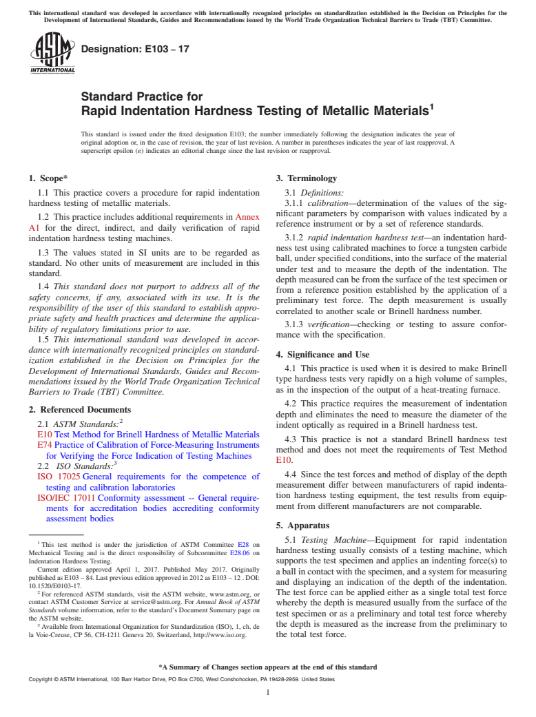 ASTM E103-17 - Standard Practice for  Rapid Indentation Hardness Testing of Metallic Materials