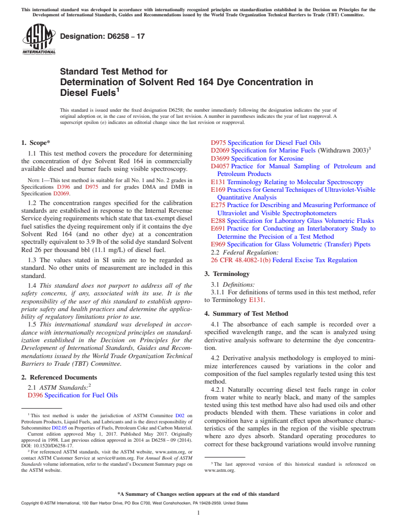 ASTM D6258-17 - Standard Test Method for  Determination of Solvent Red 164 Dye Concentration in Diesel  Fuels