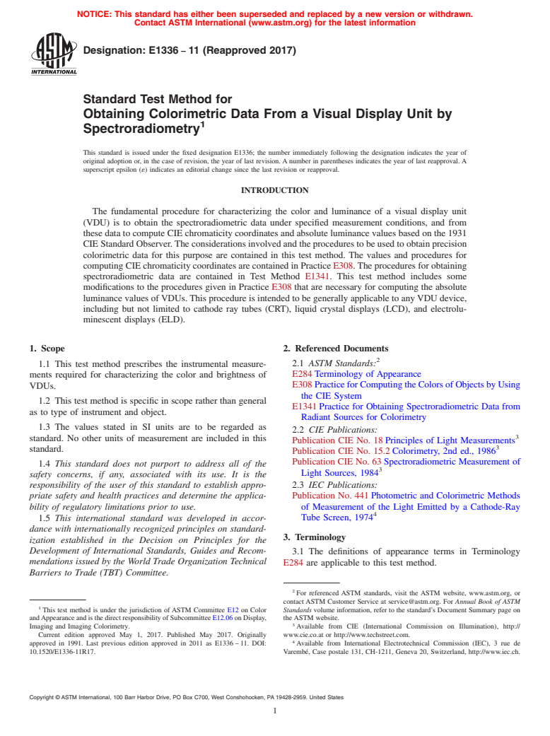 ASTM E1336-11(2017) - Standard Test Method for Obtaining Colorimetric Data From a Visual Display Unit by Spectroradiometry