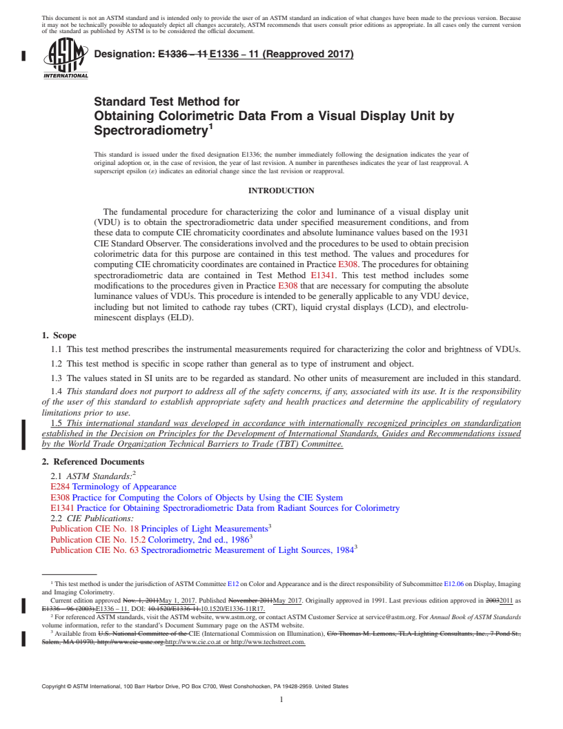 REDLINE ASTM E1336-11(2017) - Standard Test Method for Obtaining Colorimetric Data From a Visual Display Unit by Spectroradiometry