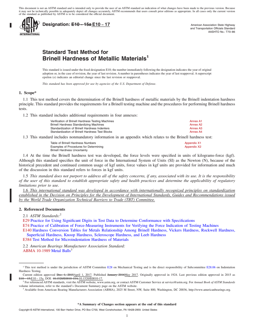 REDLINE ASTM E10-17 - Standard Test Method for  Brinell Hardness of Metallic Materials