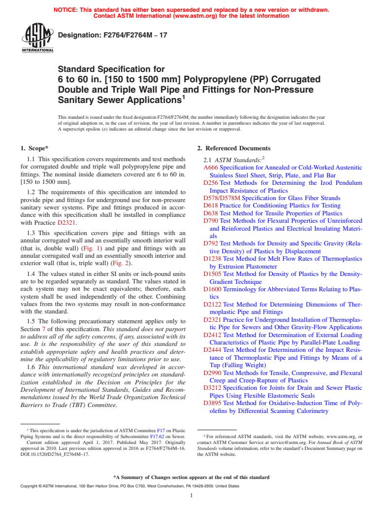 ASTM F2764/F2764M-17 - Standard Specification for  6 to 60 in. [150 to 1500 mm] Polypropylene (PP) Corrugated  Double and Triple Wall  Pipe and Fittings for Non-Pressure Sanitary  Sewer Applications