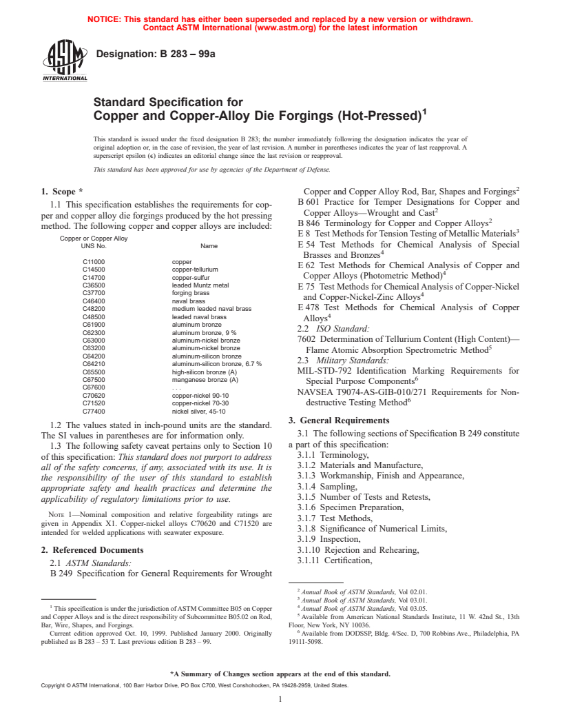 ASTM B283-99a - Standard Specification for Copper and Copper-Alloy Die Forgings (Hot-Pressed)