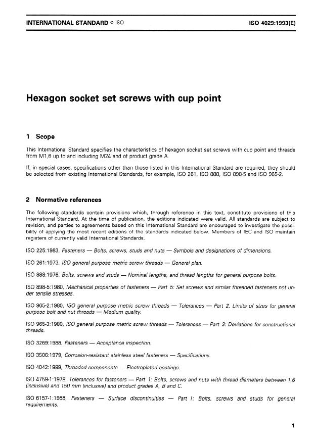ISO 4029:1993 - Hexagon socket set screws with cup point