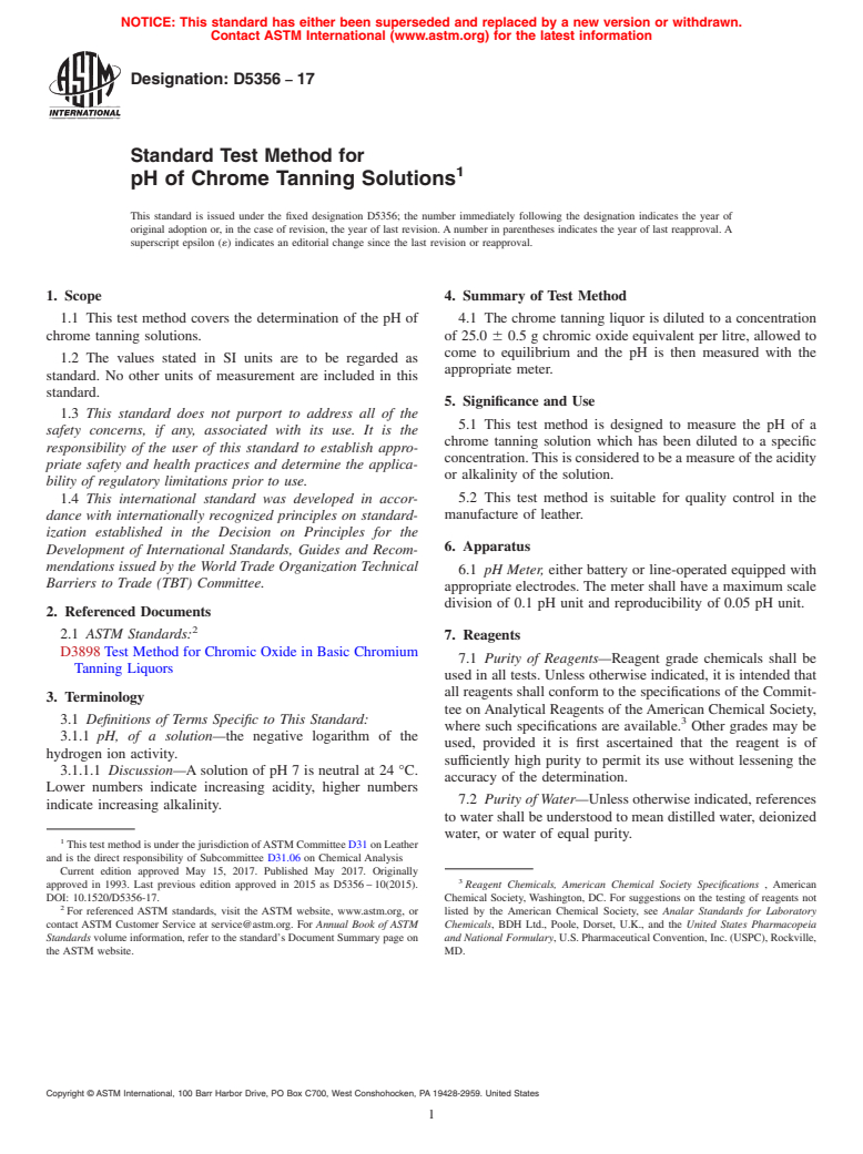 ASTM D5356-17 - Standard Test Method for  pH of Chrome Tanning Solutions