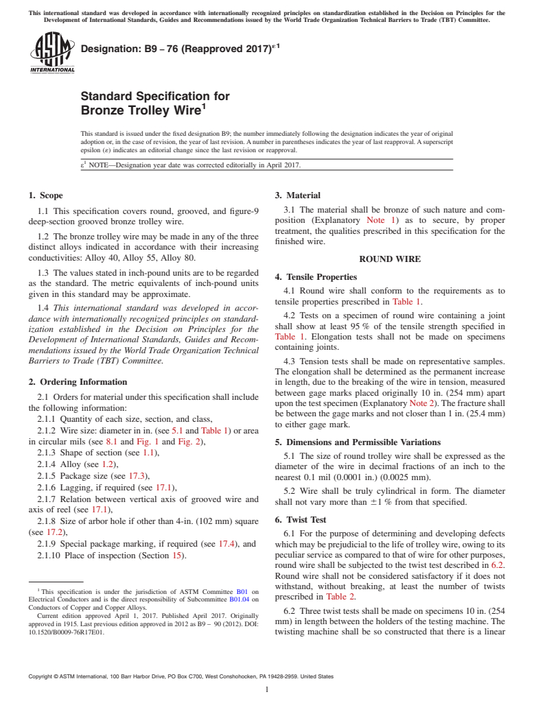 ASTM B9-76(2017)e1 - Standard Specification for Bronze Trolley Wire