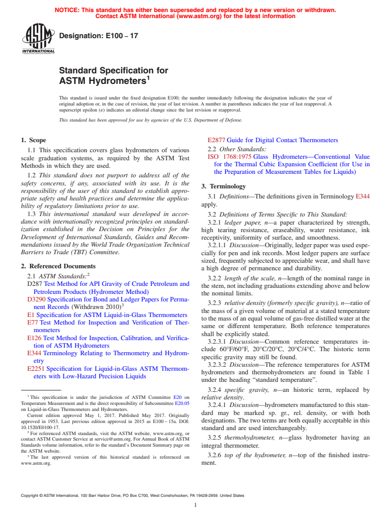 ASTM E100-17 - Standard Specification for  ASTM Hydrometers