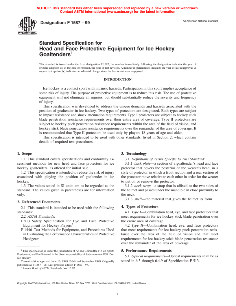 ASTM F1587-99 - Standard Specification for Head and Face Protective Equipment for Ice Hockey Goaltenders