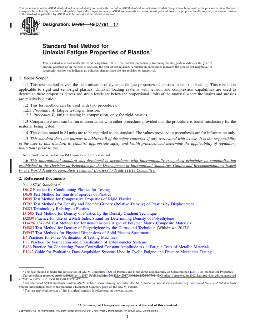 REDLINE ASTM D7791-17 - Standard Test Method for  Uniaxial Fatigue Properties of Plastics