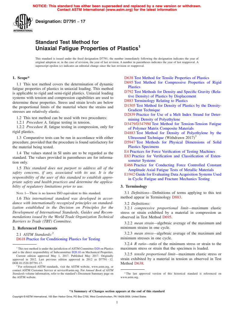 ASTM D7791-17 - Standard Test Method for  Uniaxial Fatigue Properties of Plastics