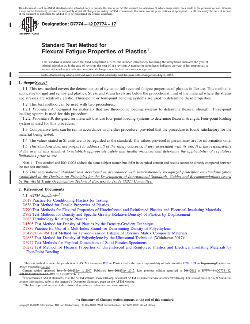 REDLINE ASTM D7774-17 - Standard Test Method for  Flexural Fatigue Properties of Plastics