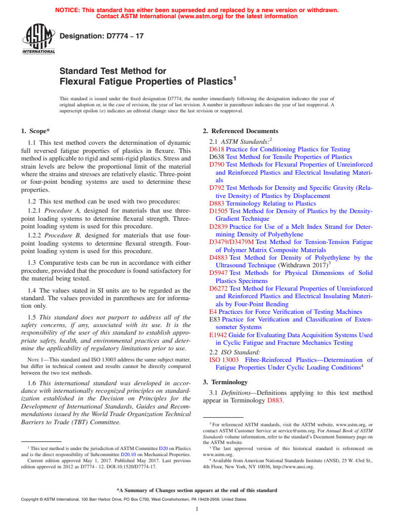 ASTM D7774-17 - Standard Test Method for  Flexural Fatigue Properties of Plastics