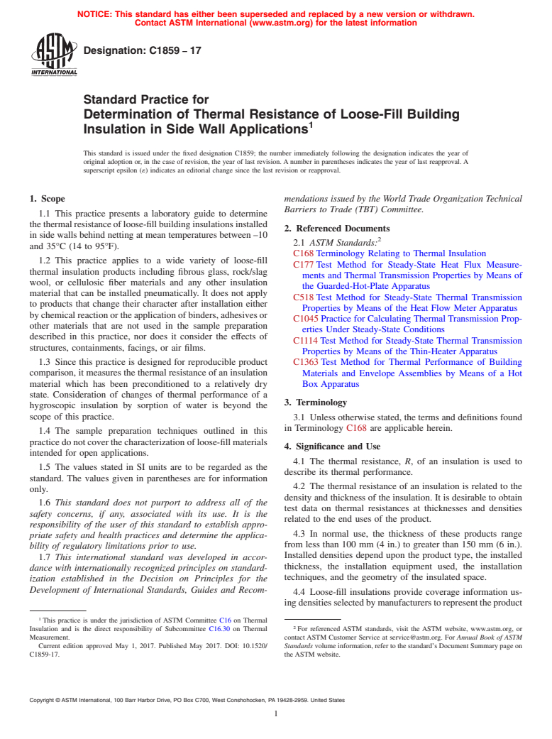 ASTM C1859-17 - Standard Practice for Determination of Thermal Resistance of Loose-Fill Building  Insulation in Side Wall Applications