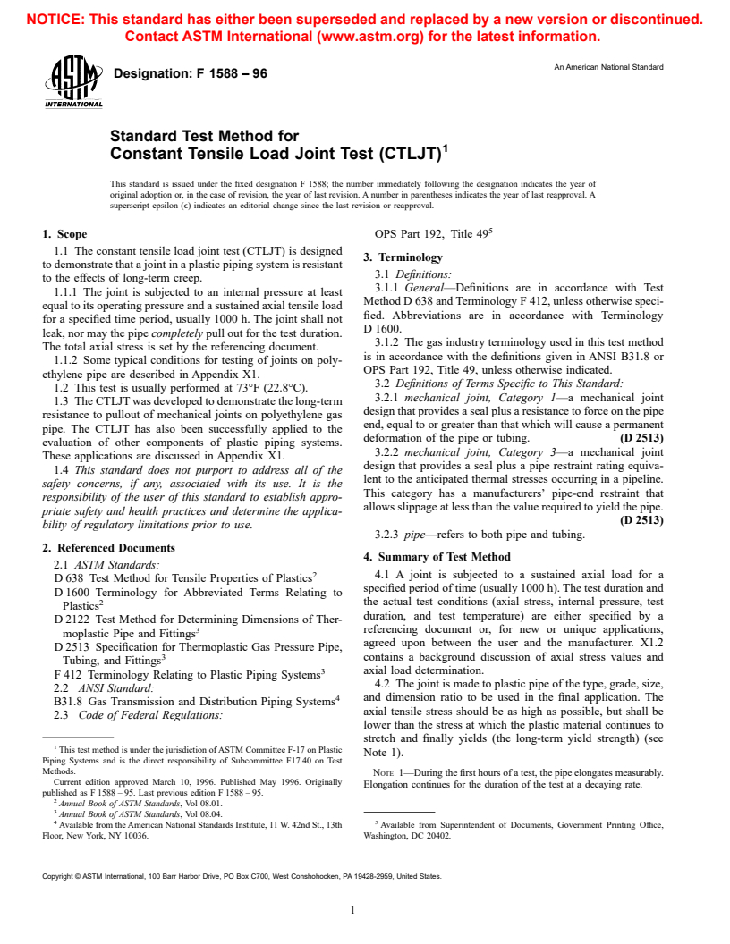 ASTM F1588-96 - Standard Test Method for Constant Tensile Load Joint Test (CTLJT)