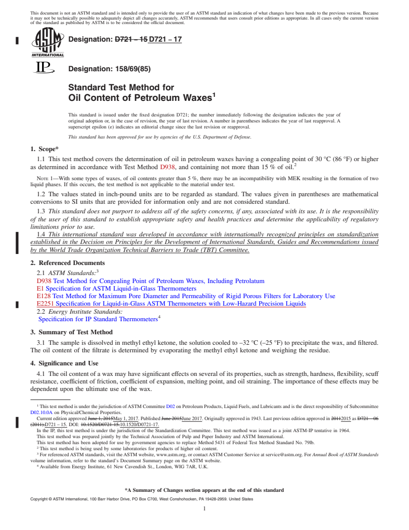 REDLINE ASTM D721-17 - Standard Test Method for  Oil Content of Petroleum Waxes