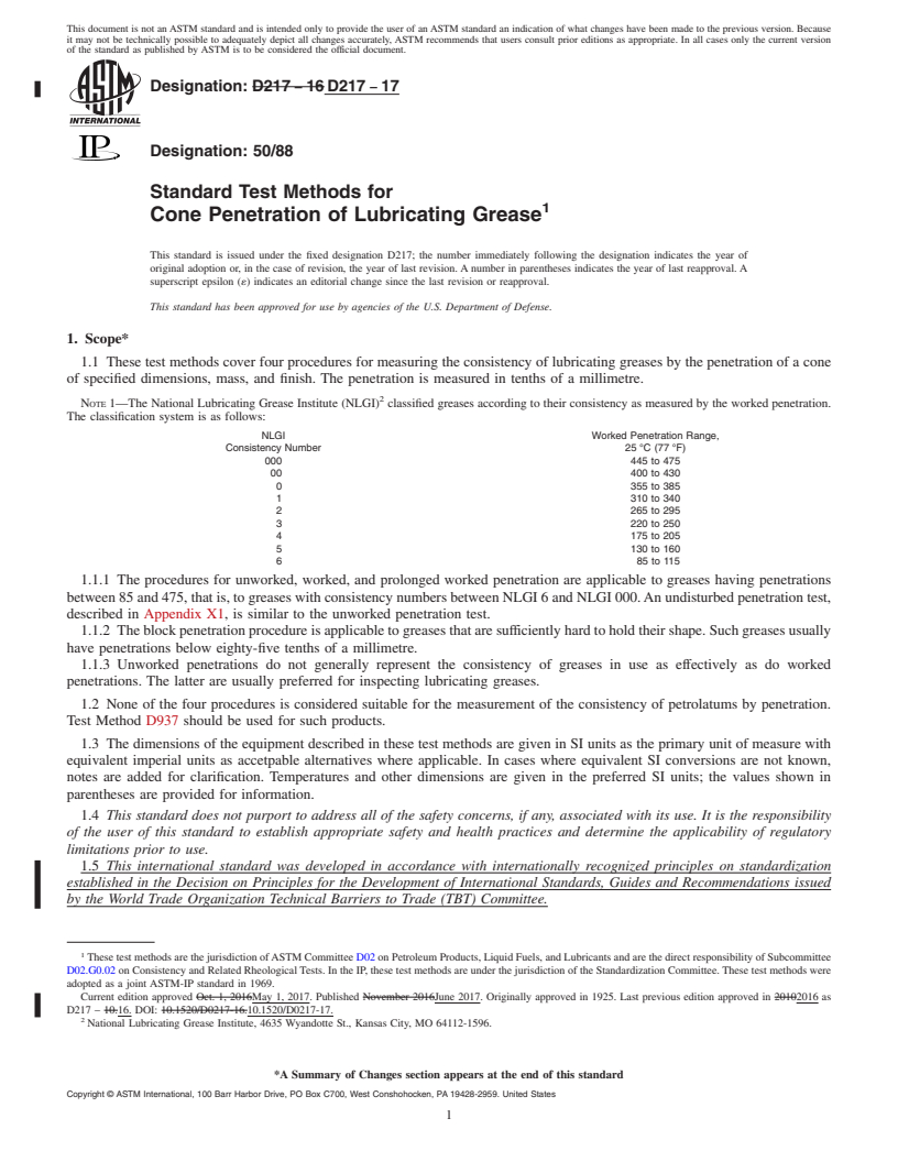 REDLINE ASTM D217-17 - Standard Test Methods for  Cone Penetration of Lubricating Grease
