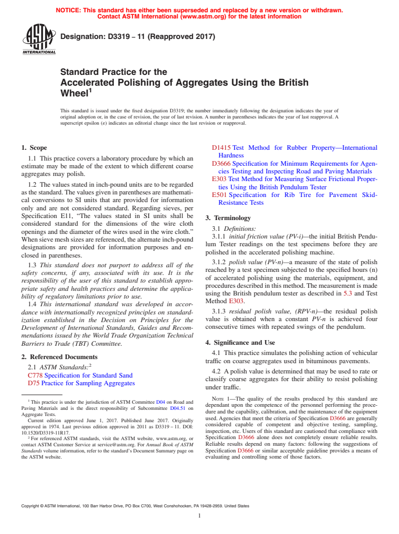 ASTM D3319-11(2017) - Standard Practice for the  Accelerated Polishing of Aggregates Using the British Wheel