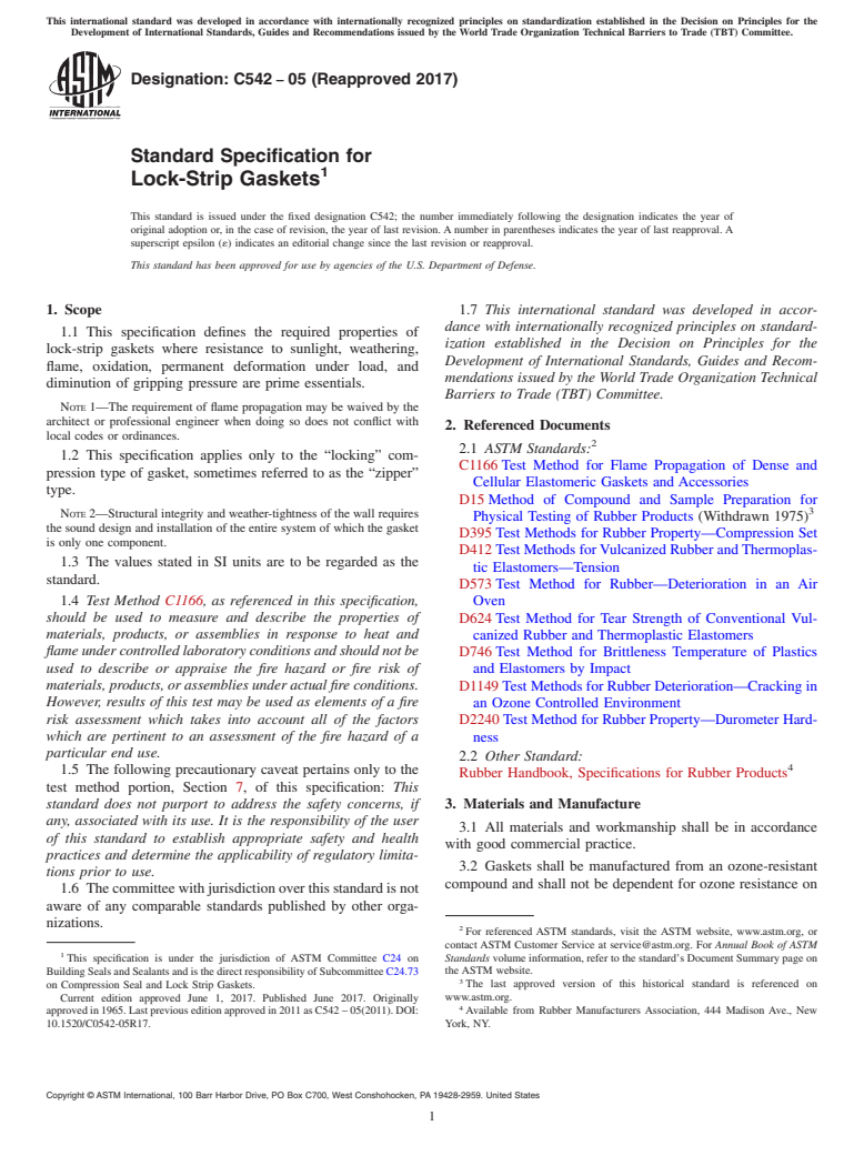 ASTM C542-05(2017) - Standard Specification for  Lock-Strip Gaskets