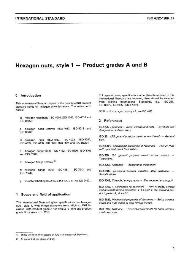 ISO 4032:1986 - Hexagon nuts, style 1 -- Product grades A and B