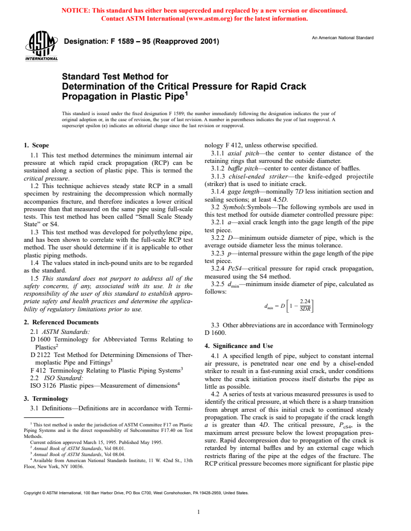 ASTM F1589-95(2001) - Standard Test Method for Determination of the Critical Pressure for Rapid Crack Propagation in Plastic Pipe (Withdrawn 2003)