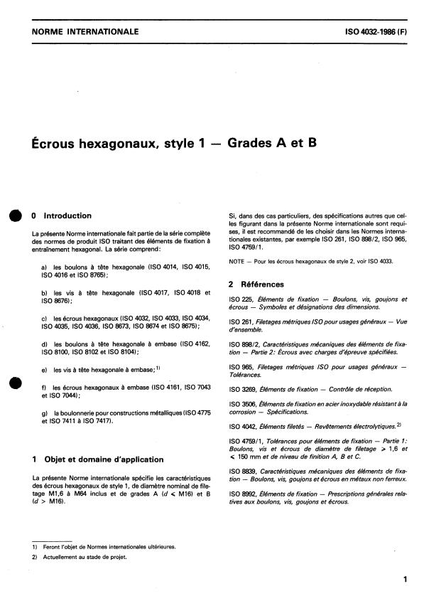 ISO 4032:1986 - Écrous hexagonaux, style 1 -- Grades A et B