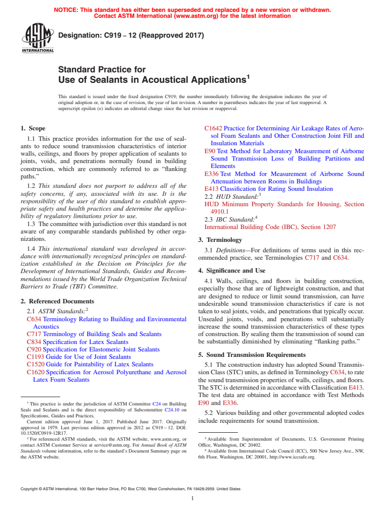 ASTM C919-12(2017) - Standard Practice for  Use of Sealants in Acoustical Applications