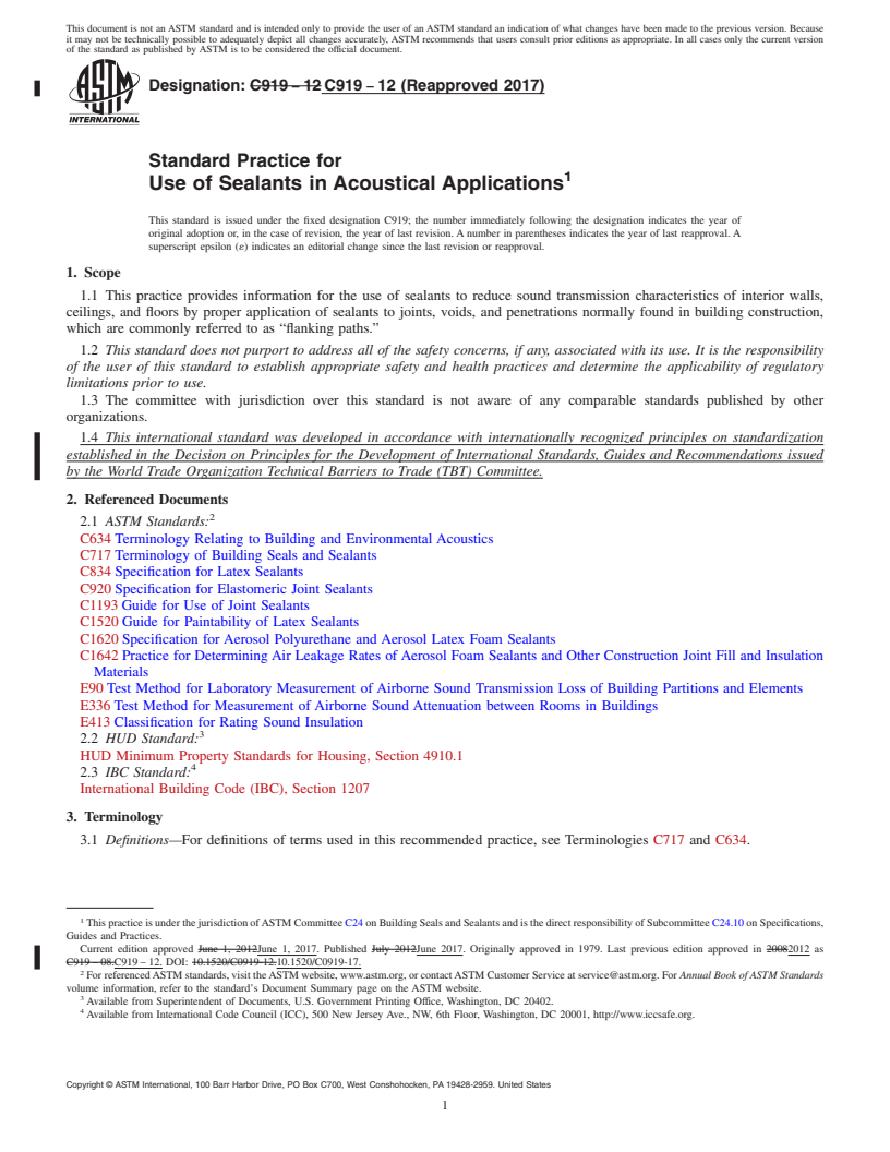 REDLINE ASTM C919-12(2017) - Standard Practice for  Use of Sealants in Acoustical Applications