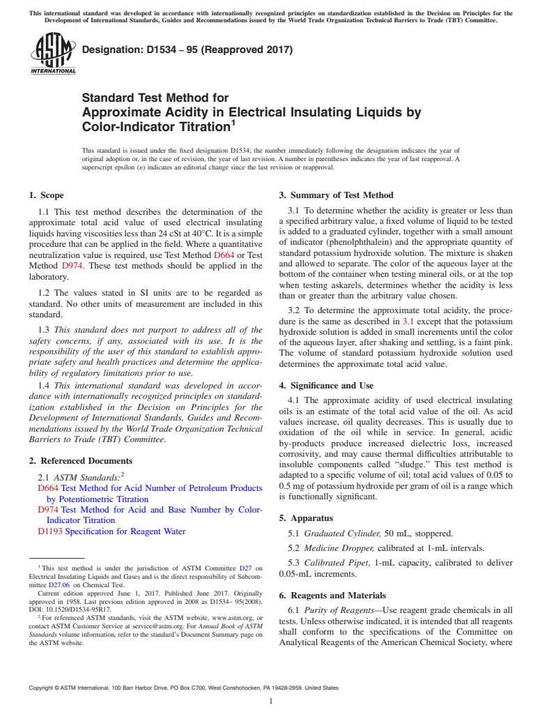 ASTM D1534-95(2017) - Standard Test Method for  Approximate Acidity in Electrical Insulating Liquids by Color-Indicator   Titration