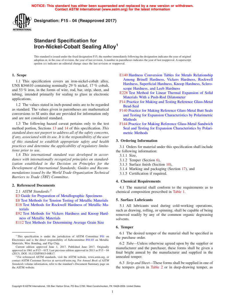 ASTM F15-04(2017) - Standard Specification for  Iron-Nickel-Cobalt Sealing Alloy